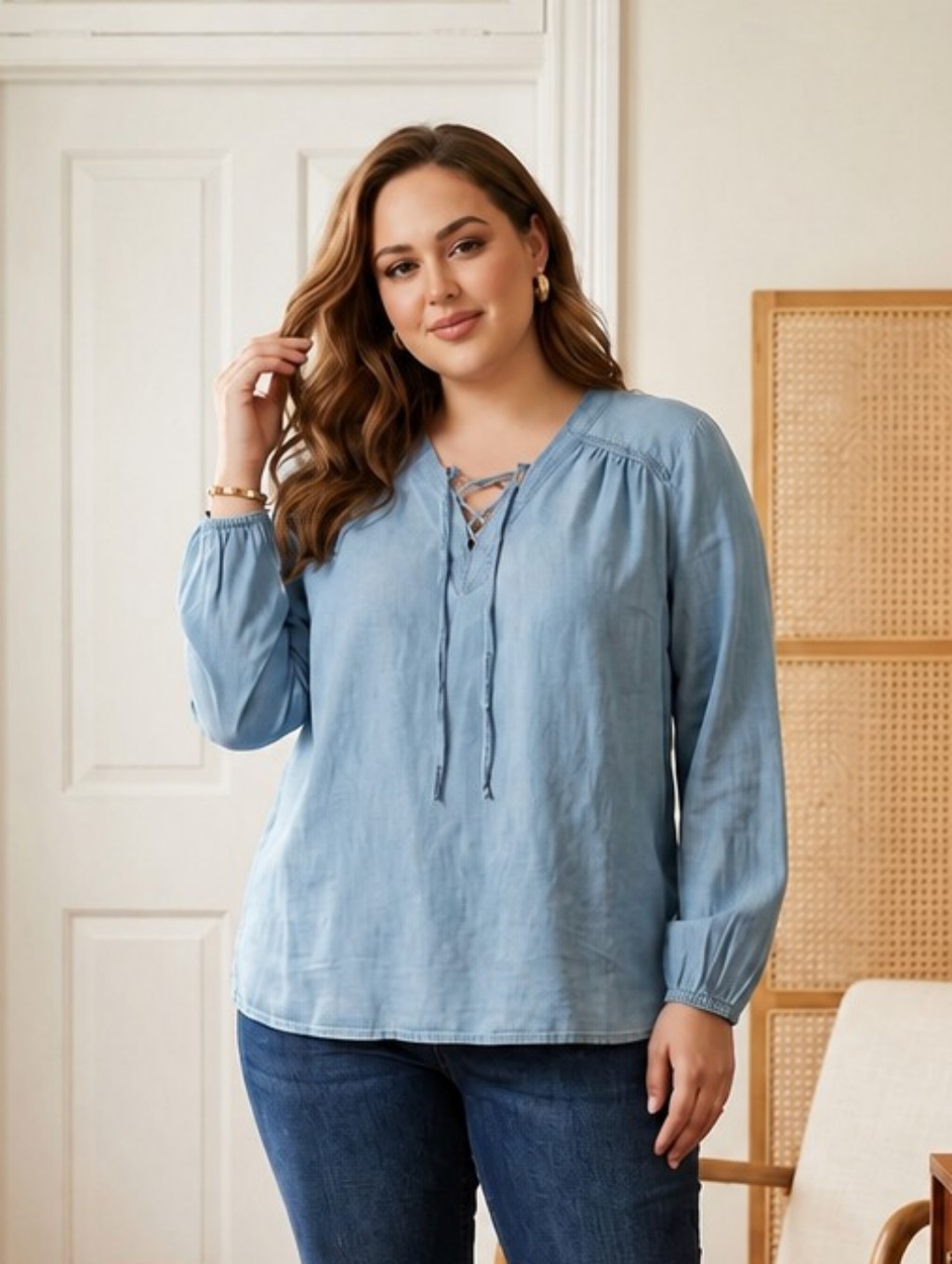 Nwt Lane Bryant Chambray Peasant Blouse Sz 26/28